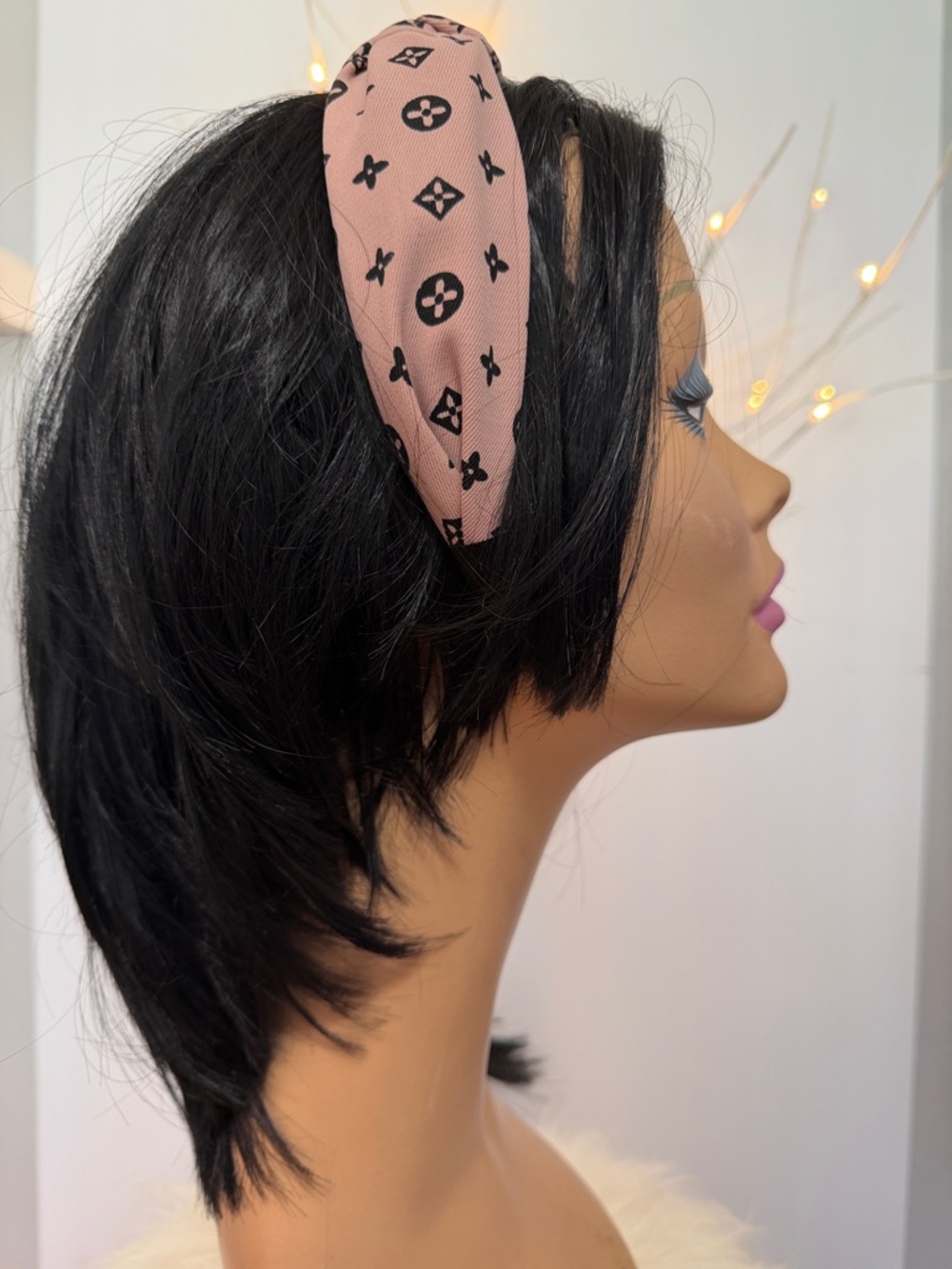 Headband NWOT pink knotted in middle designer headband W/Blk. Monogram